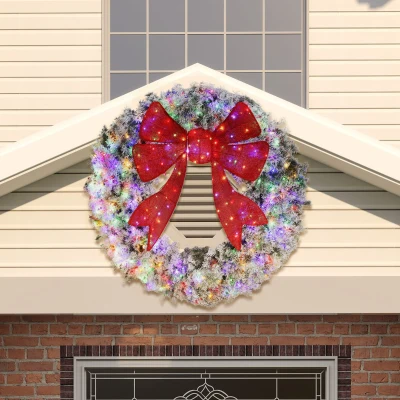 HOMCOM 60in Pre-Lit Christmas Wreath with Red Bow & Remote