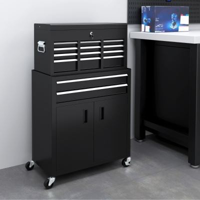 HOMCOM 6-Drawer Rolling Tool Chest, 2 in 1 Lockable Storage Cabinet with Hooks, Metal Tool Box for Garage, Workshop, Black