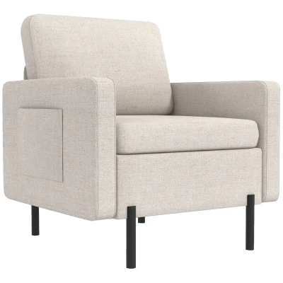 HOMCOM Armchair, Fabric Accent Chair, Modern Living Room Chair with Metal Legs, 2 Side Pockets for Bedroom, Cream