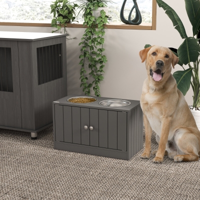 PawHut Elevated Dog Bowls for Large Dogs Pet Feeding Station with Stand, Storage, 2 Stainless Steel Food and Water Bowls, Grey