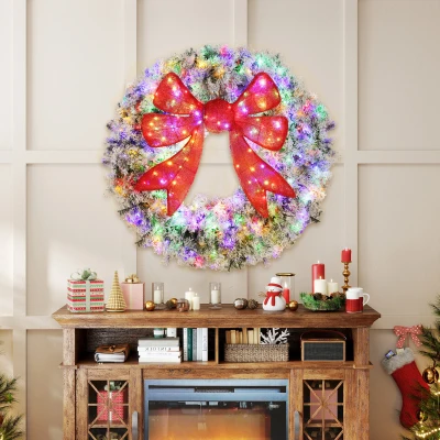 HOMCOM 48in Pre-Lit Christmas Wreath with Red Bow & Remote
