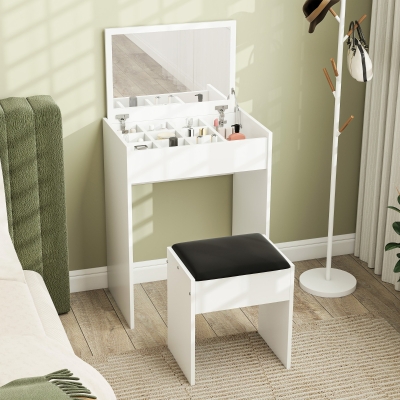 HOMCOM Modern Vanity Set with Makeup Table and Cushioned Stool, Dressing Table with Flip Top and Mirror for Bedroom, White