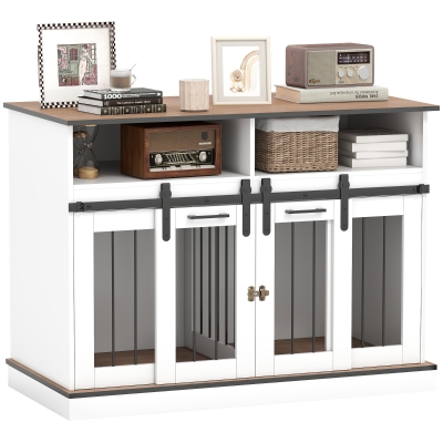 PawHut Double Dog Crate Furniture, White for Large & Small Dogs
