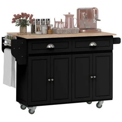 HOMCOM Kitchen Island with Storage, Rolling Kitchen Island with Drop Leaf, Rubber Wood Top and Adjustable Shelves, Black