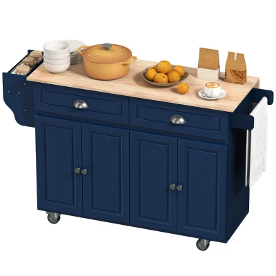 HOMCOM Kitchen Island with Storage, Rolling Kitchen Island with Drop Leaf, Rubber Wood Top and Adjustable Shelves, Navy Blue