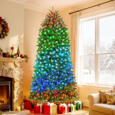 HOMCOM 9ft Prelit Christmas Tree with LEDs, Smart App, Hinged, Easy Assembly