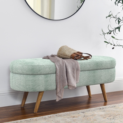 Oval Storage Ottoman Bench with Foam Cushion and Sturdy Rubberwood Legs, Cyan