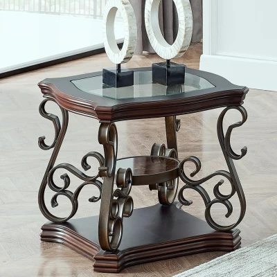 2-Tier Traditional End Table with Powder-Coated Metal Serpentine Legs, Brown