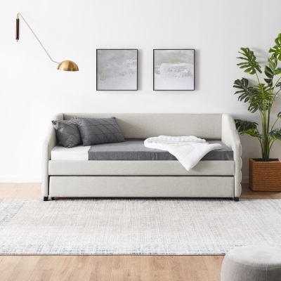 Twin Size Daybed with Pull-Out Trundle and Wingback Arms, Beige