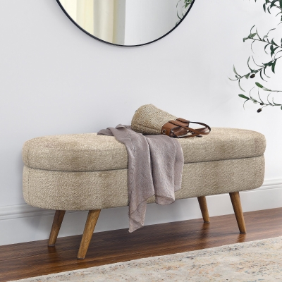 Oval Storage Ottoman Bench with Foam Cushion and Sturdy Rubberwood Legs, Brown
