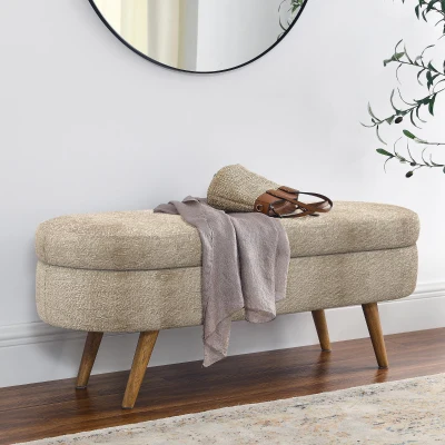 Oval Storage Ottoman Bench with Foam Cushion and Sturdy Rubberwood Legs, Brown