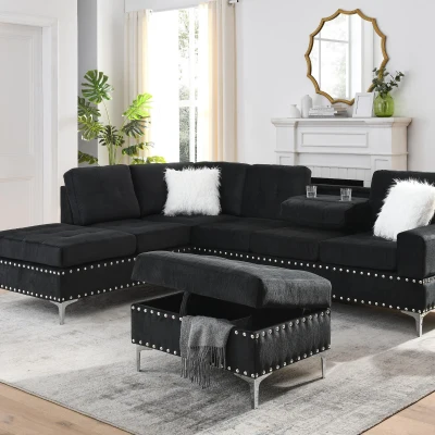3-Seater Sectional Sofa with Reversible Chaise, Black