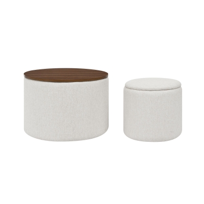 2-Piece Round Chenille Storage Ottoman Set with Hidden Storage, Beige
