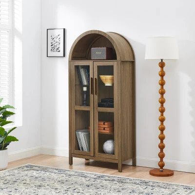 Arched Top Storage Cabinet with LED Light Strip, Adjustable Glass Shelves, Brown