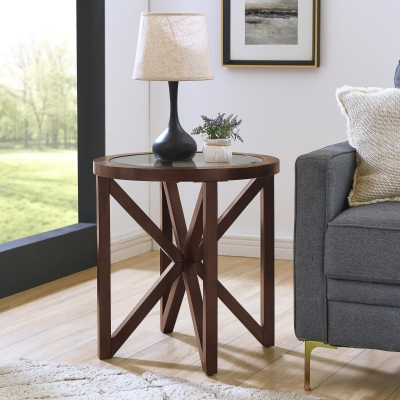Modern Round Glass Coffee Table with Tempered Glass Top, Cherry