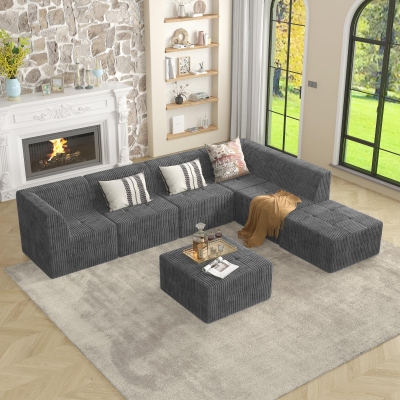 Compressed Sectional Ottoman Sofa with Space-Saving Reversible Design, Grey
