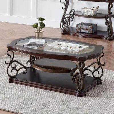 Cocktail Table with Tempered Beveled Glass Top, Brown