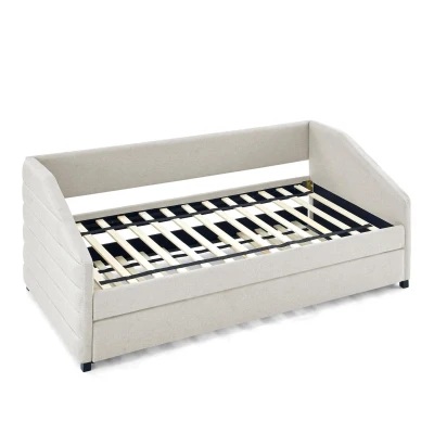 Twin Size Daybed with Pull-Out Trundle and Wingback Arms, Beige