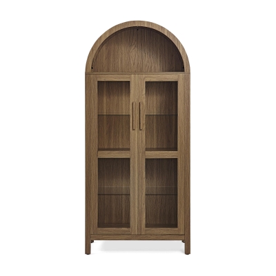 Arched Top Storage Cabinet with LED Light Strip, Adjustable Glass Shelves, Brown