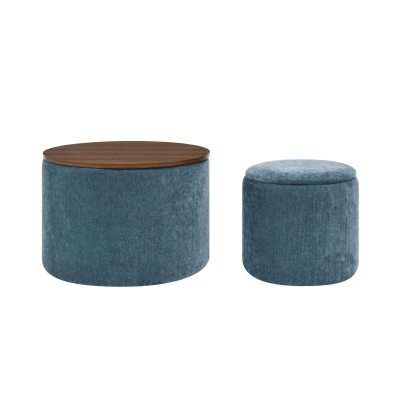 2-Piece Round Chenille Ottoman Set with Drum-Shaped Small Stool, Dark Blue