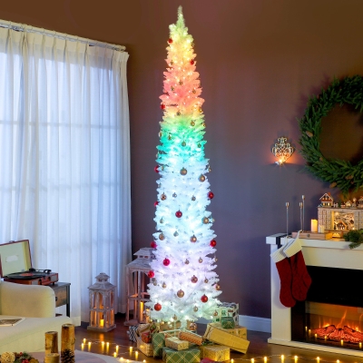 HOMCOM 9ft Christmas Tree with Colourful DIY Synchronized LEDs, Hinged Pencil Xmas Tree with Remote, Daily Timer, White