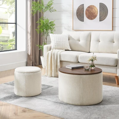 2-Piece Round Chenille Storage Ottoman Set with Hidden Storage, Beige