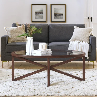 Modern Glass Coffee Table with Solid Wood Tripod Base, Cherry