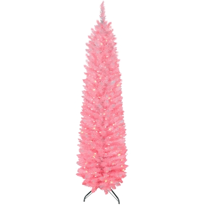 HOMCOM 6ft Christmas Tree with Colourful DIY Synchronized LEDs, Hinged Pencil Xmas Tree with Remote, Daily Timer, White