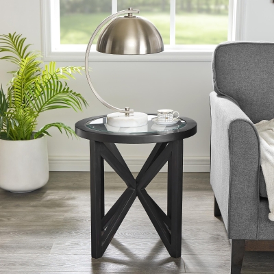 Modern Round Glass Coffee Table with Tempered Glass Top, Black