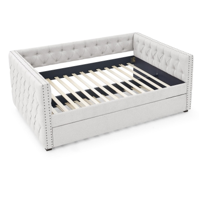 Upholstered Tufted Daybed with Pull-Out Trundle, Beige