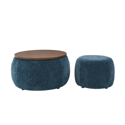 2-in-1 Round Storage Ottoman with Removable Top for Storage, Dark Blue