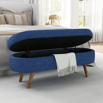 Oval Storage Ottoman Bench with Foam Cushion and Sturdy Rubberwood Legs, Blue