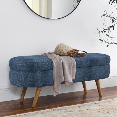 Oval Storage Ottoman Bench with Foam Cushion and Sturdy Rubberwood Legs, Dark Blue