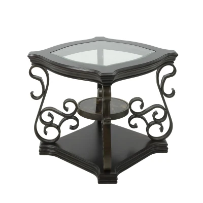 2-Tier Traditional End Table with Powder-Coated Metal Serpentine Legs, Brown
