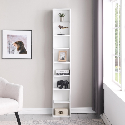 8-Tier Adjustable Slim Bookcase with Wavy Edge Design, White