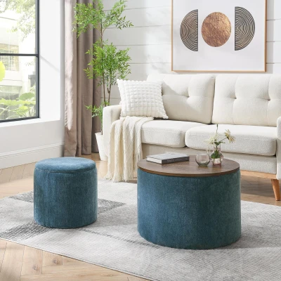 2-Piece Round Chenille Ottoman Set with Drum-Shaped Small Stool, Dark Blue