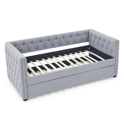 Upholstered Tufted Daybed with Button-Tufted Square Arms, Grey