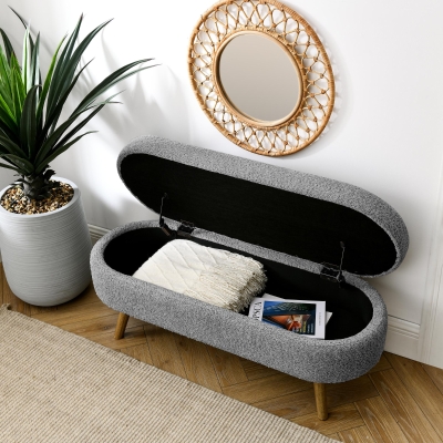 Oval Storage Ottoman Bench with Foam Cushion and Sturdy Rubberwood Legs, Grey