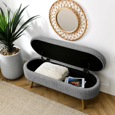 Oval Storage Ottoman Bench with Foam Cushion and Sturdy Rubberwood Legs, Grey