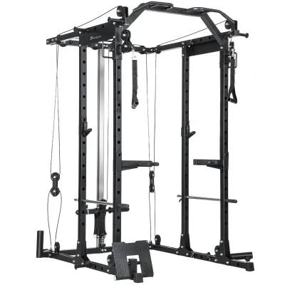 Soozier Multi-Functional Power Rack, Smith Machine Cable Crossover System with Pull Up Bar, Lat-Pull Down System, Landmine