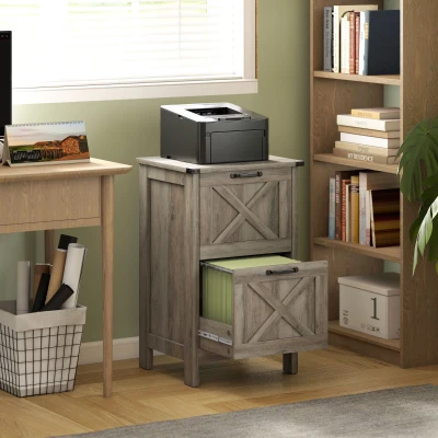 HOMCOM Rustic Farmhouse File Cabinet with 2 Drawers, Distressed Gray