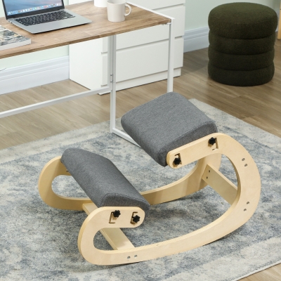 HOMCOM Ergonomic Kneeling Chair, Adjustable Rocking Wood Kneeling Stool, Desk Chair, Improve Posture, Grey