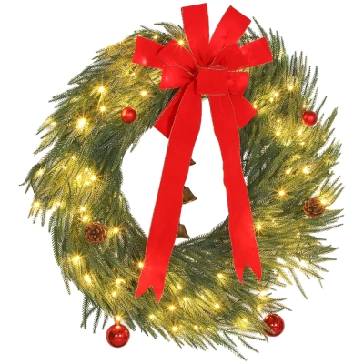 HOMCOM 36" Prelit Christmas Wreath with LED Lights & Ornaments, Green