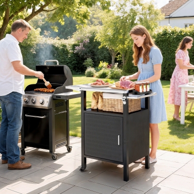 Outsunny Outdoor Grill Dining Cart with Stainless Steel Top, Pizza Oven Stand Table with Foldable Side Table, Silver