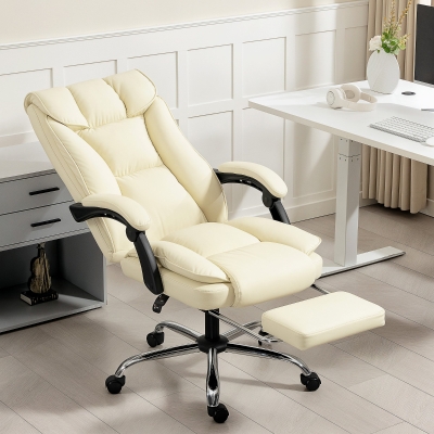 HOMCOM Executive Office Chair, Pet-Friendly Leather Ergonomic Desk Chair with Footrest, Swivel Recliner, Beige