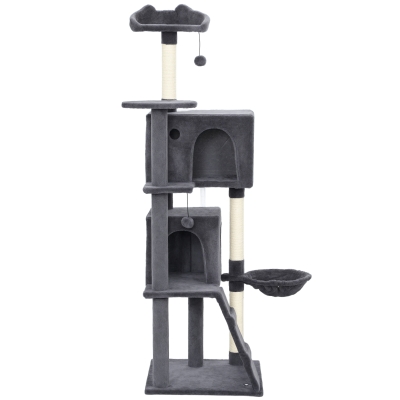 PawHut 63 Inch Cat Tree with Sisal Scratching Posts, Condos, Plush Perches, Hammock, Ladder, Dangling Balls, Dark Grey