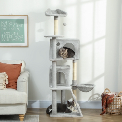 PawHut 63 Inch Cat Tree with Sisal Scratching Posts, Condos, Plush Perches, Hammock, Ladder, Dangling Balls, Light Grey