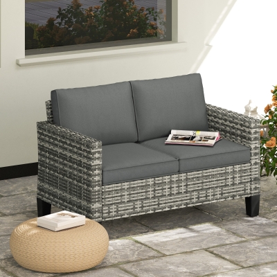 Outsunny 2 Seater Rattan Outdoor Sofa, Patio Couch Loveseat with Cushions and Armrests for Garden, Balcony, Dark Grey
