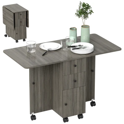 HOMCOM Foldable Dining Table, Rolling Kitchen Table with Storage Drawers and Cabinet, Drop Leaf Table on Wheels, Grey