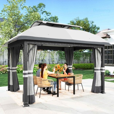 Outsunny 11' x 13' Patio Gazebo, Double Roof Outdoor Gazebo Canopy with Netting & Curtains, Galvanized Metal Frame, Light Grey